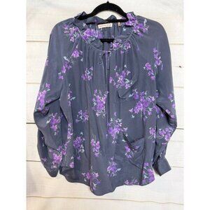 Rebecca Taylor Blouse 8‎ Grey Purple Floral Print Ruffles Designer Chic Classy